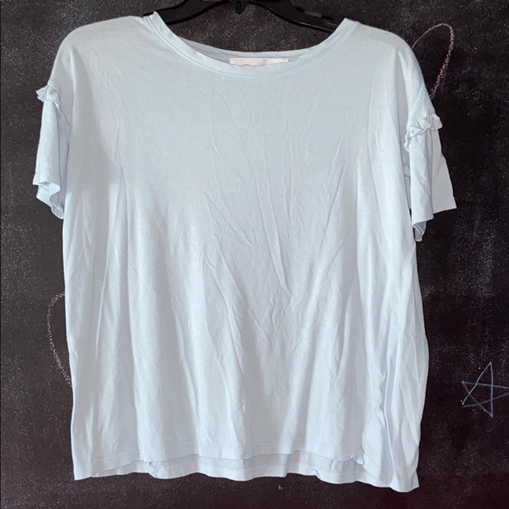 Baby blue cotton tee with ruffled sleeves